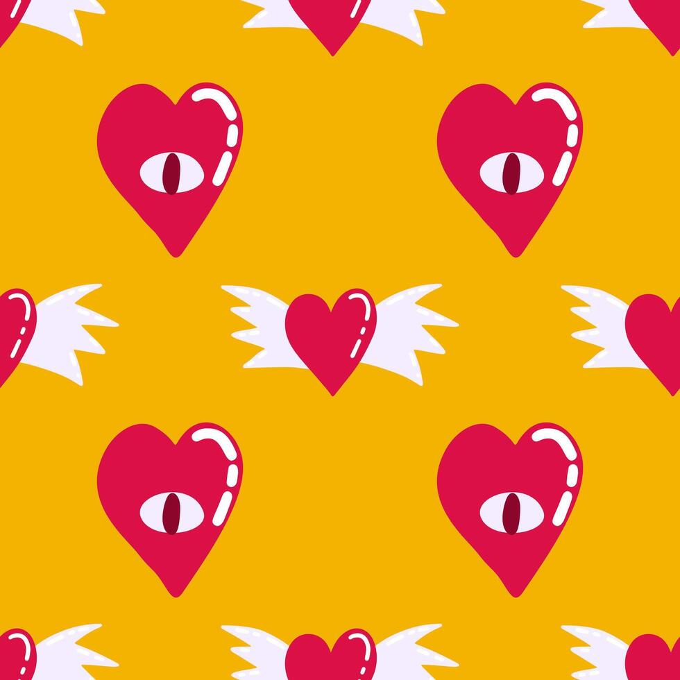 Red love heart seamless pattern illustration. Cute romantic pink hearts with wings background print. Valentine's day, romantic wedding design. vector