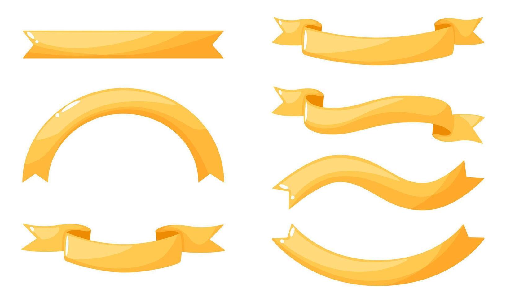 Vector set of yellow volumetric ribbons of different shapes isolated on a white background.