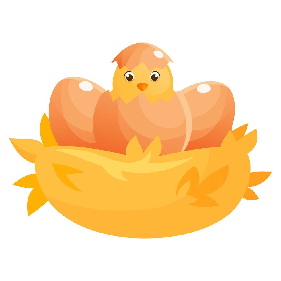 Cartoon chicken hatched from a shell in a nest made of straw. vector