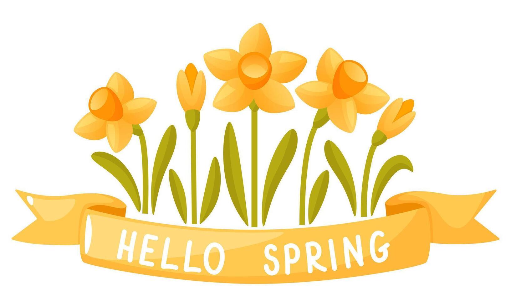 un ramo de flores de narcisos y un amarillo cinta con un escrito inscripción, Hola primavera. vector