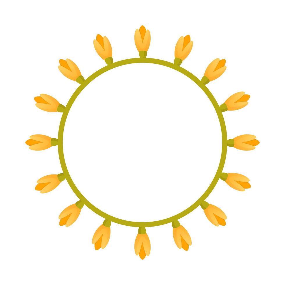Empty round floral wreath of daffodils on a white background. vector