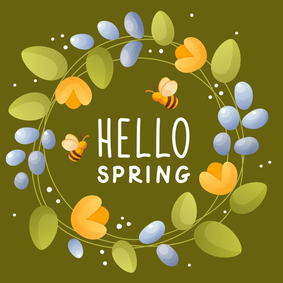Spring card, hello spring, floral wreath, bee on a green background. vector