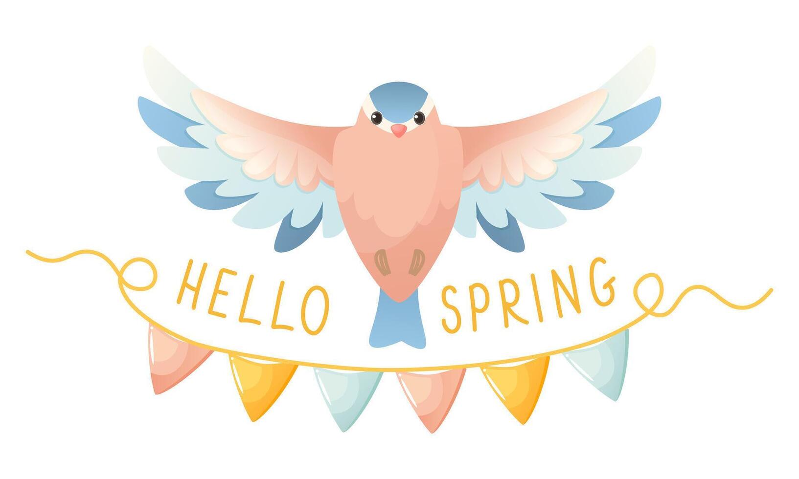 Spring bird in flight, text hello spring, decorated with flags. vector