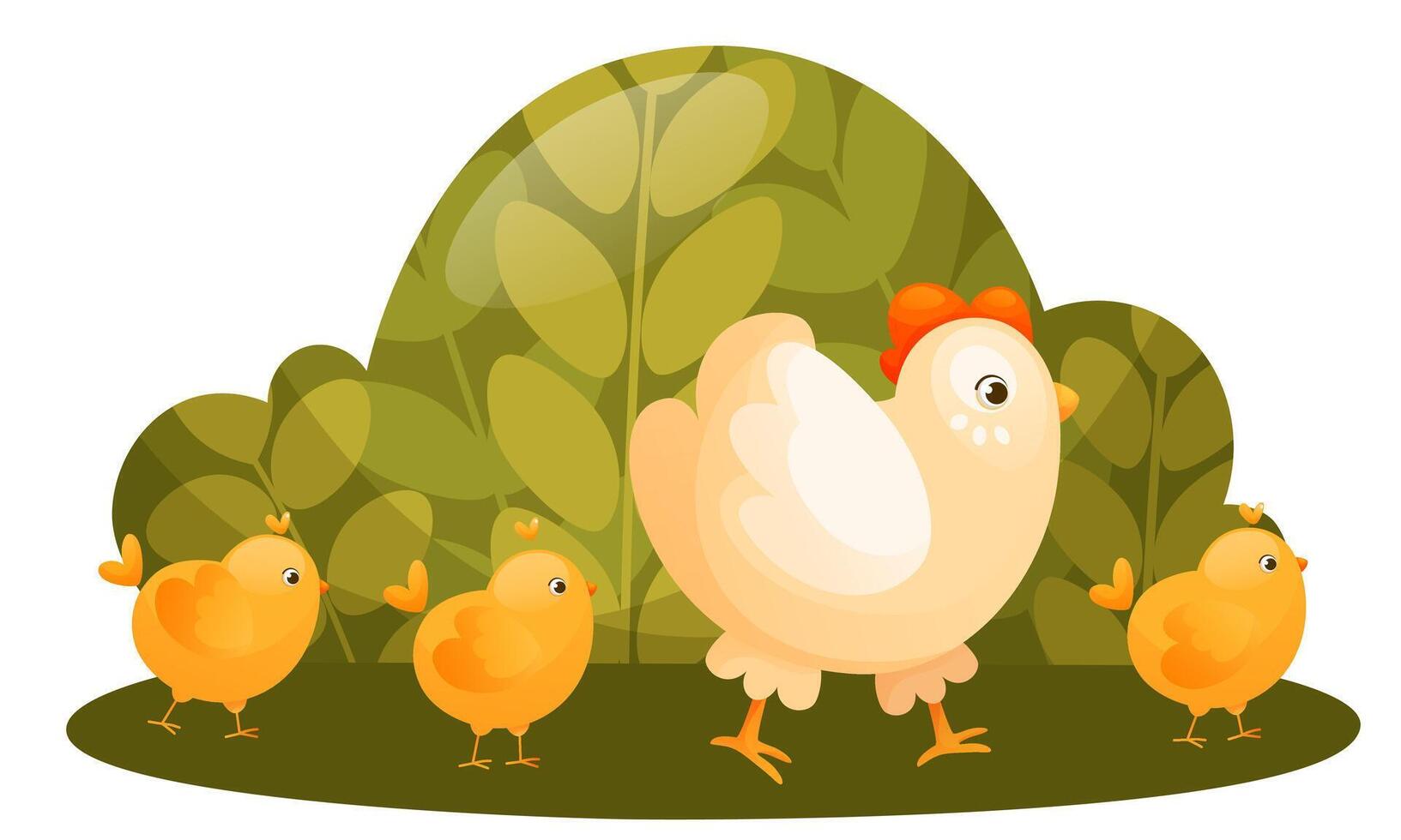 Mother hen with little yellow chicks on a walk. vector