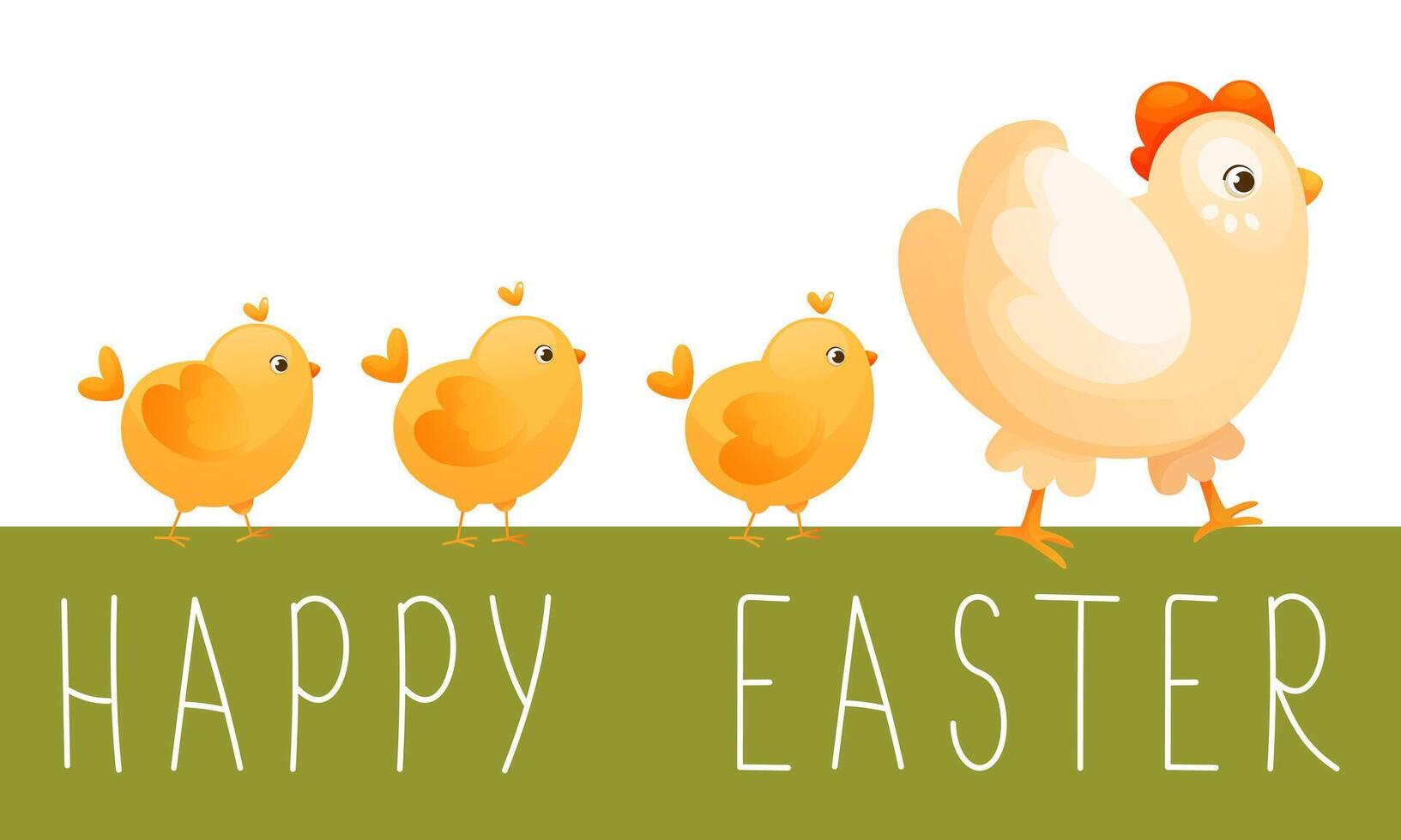 Mother hen with little yellow chicks on a walk. Happy Easter text. vector