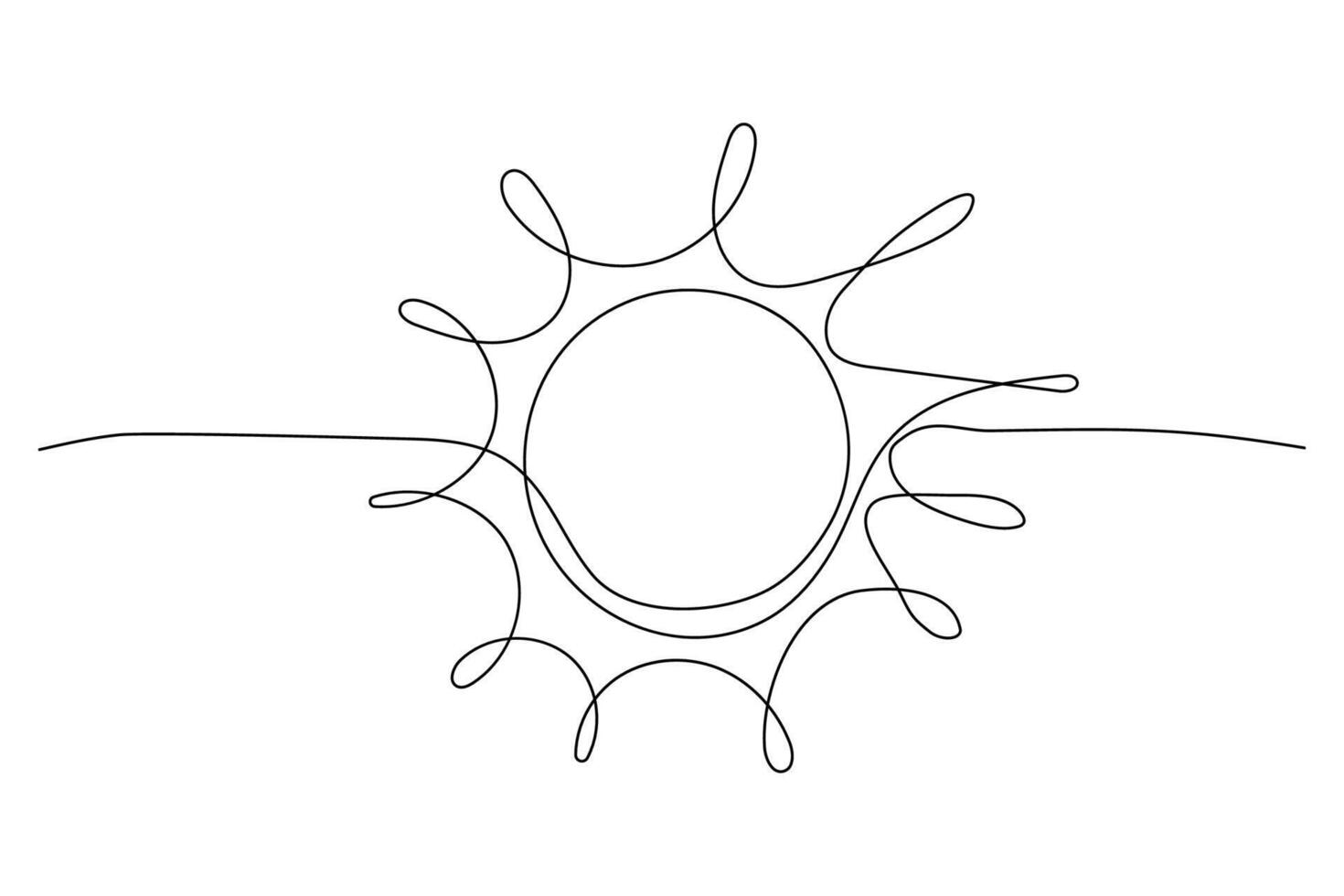 Continuous line art circle sun, single line sketch,doodle isolated on white background vector