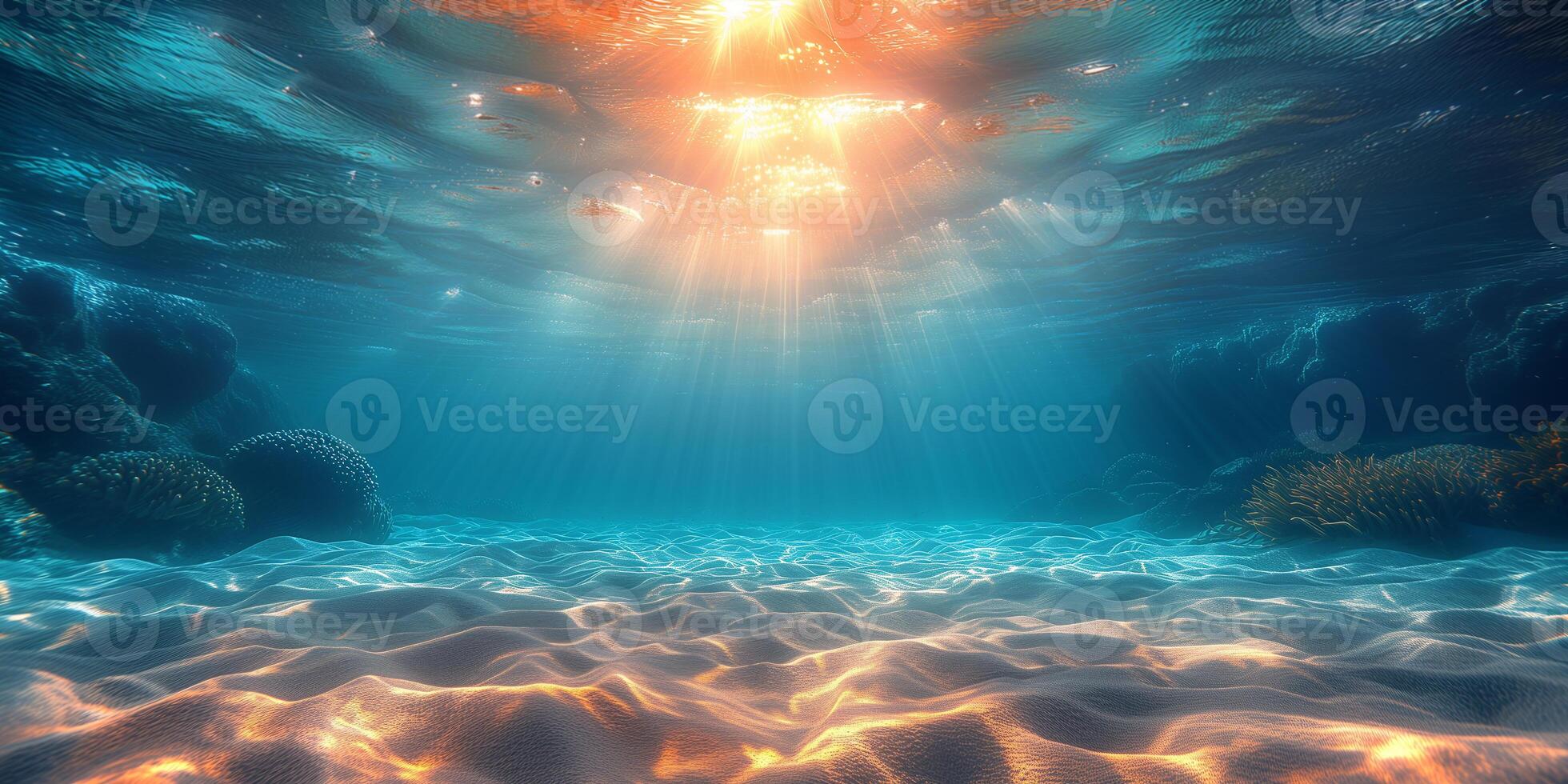 AI generated underwater view of coral reef with sunbeams and rays of light photo