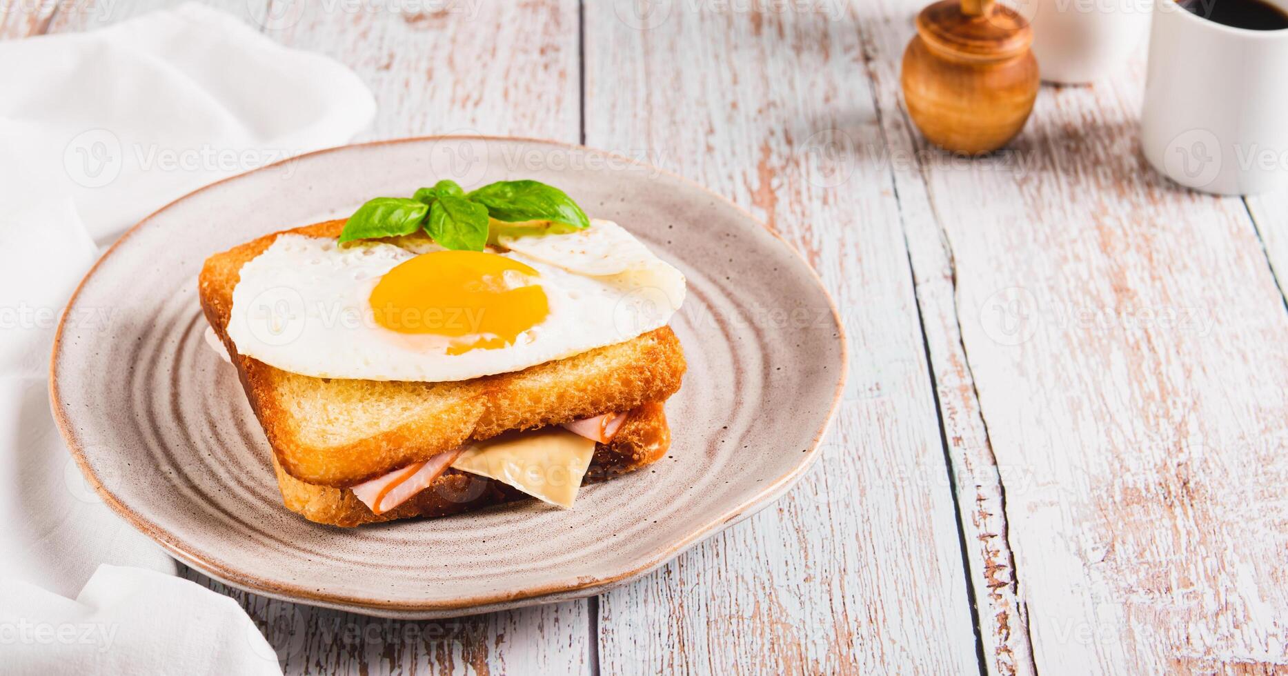 Croque madame sandwich with ham, cheese and egg on a plate on the table web banner photo