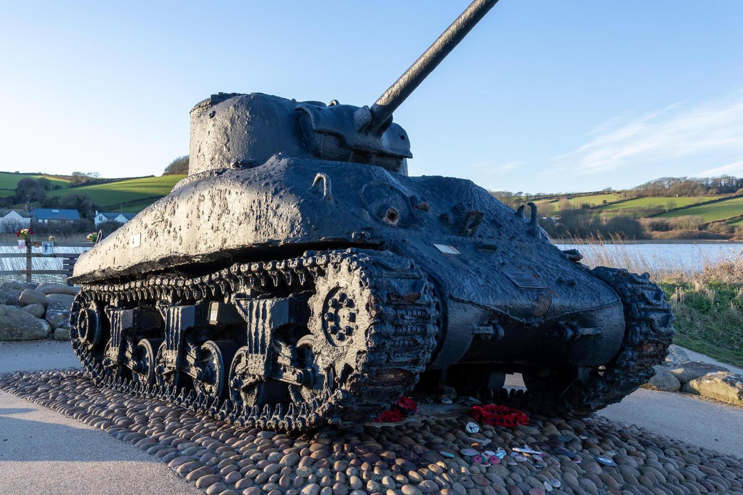 Start Bay, Devon, UK - January 15. Old Sherman tank at Start Bay, Devon on January 15, 2024 photo