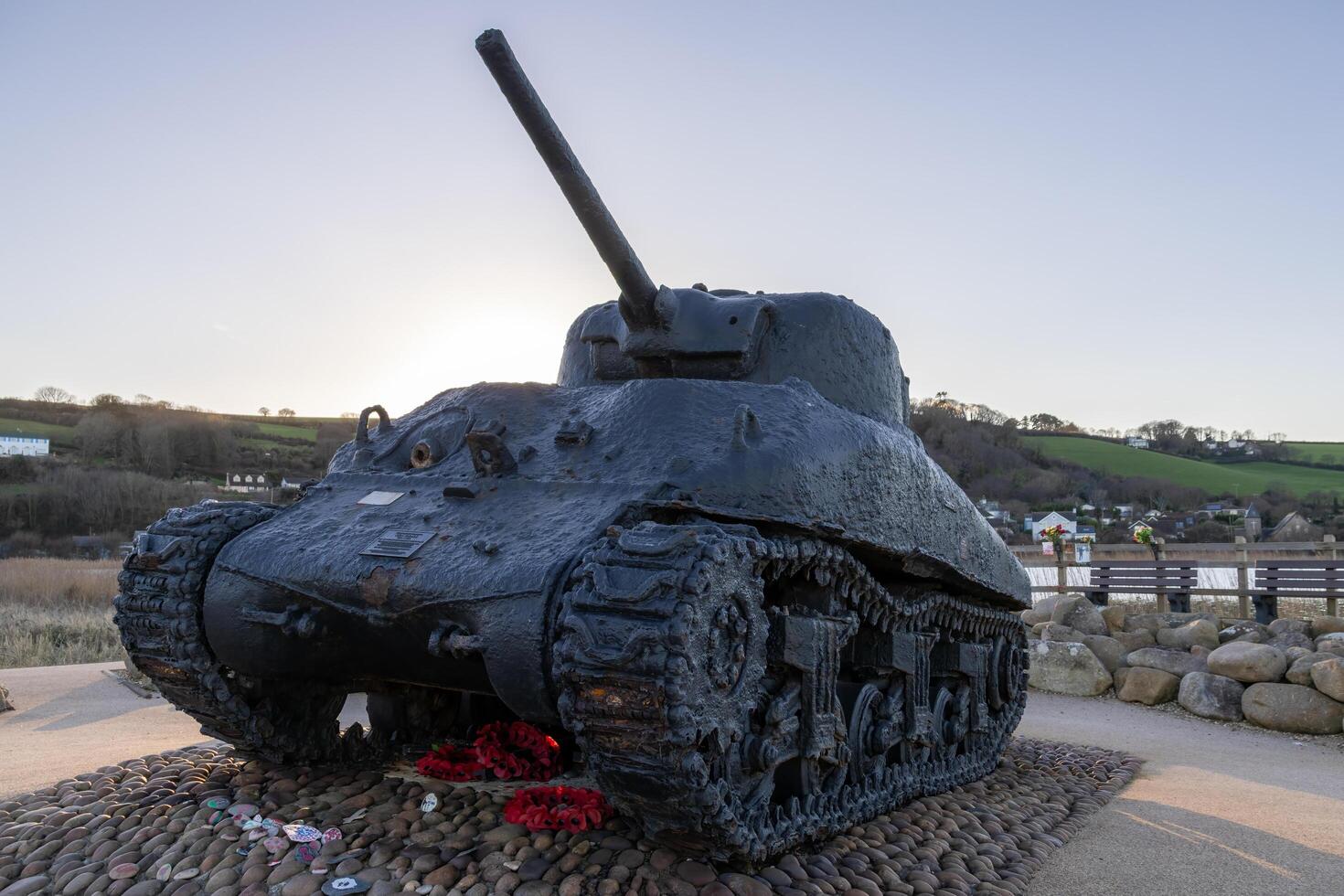 Start Bay, Devon, UK - January 15. Old Sherman tank at Start Bay, Devon on January 15, 2024 photo