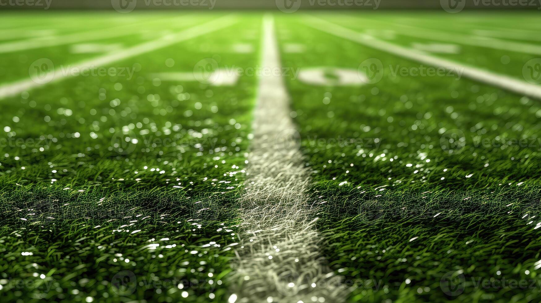 AI generated American football arena with yellow goal post, grass field and blurred fans at playground view. photo