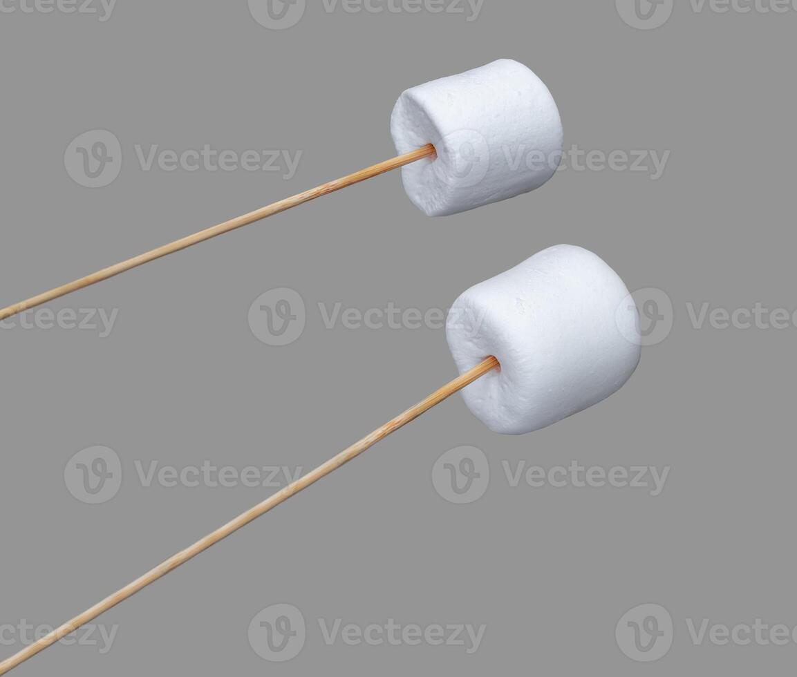 marshmallows put on a stick for frying on a fire, isolated on gray background photo