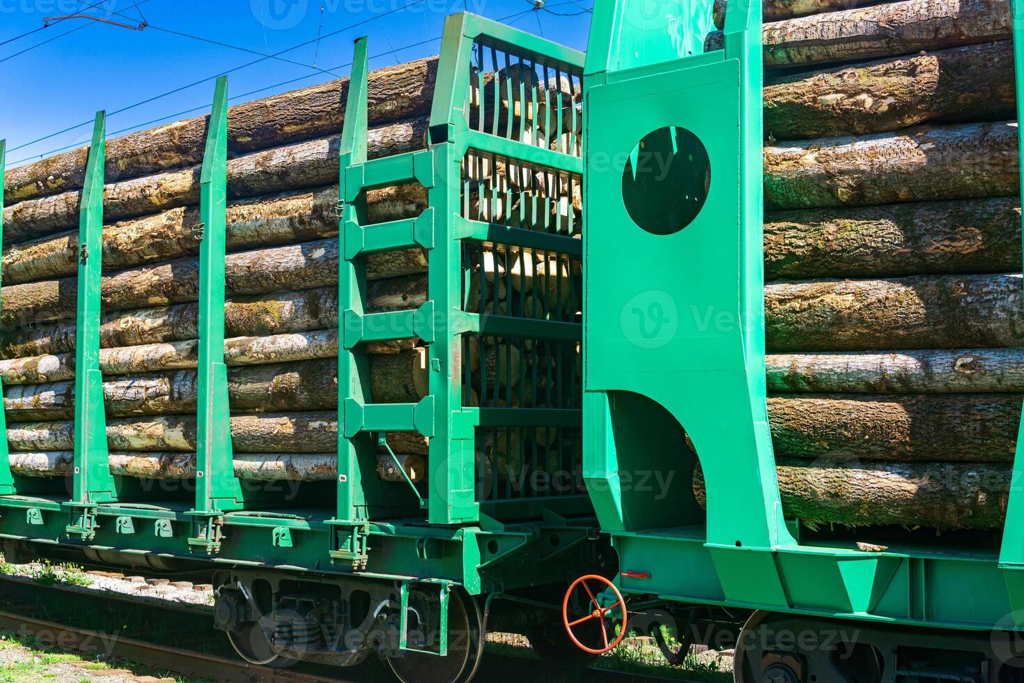 loaded railway wagons for transportation of logs close-up photo