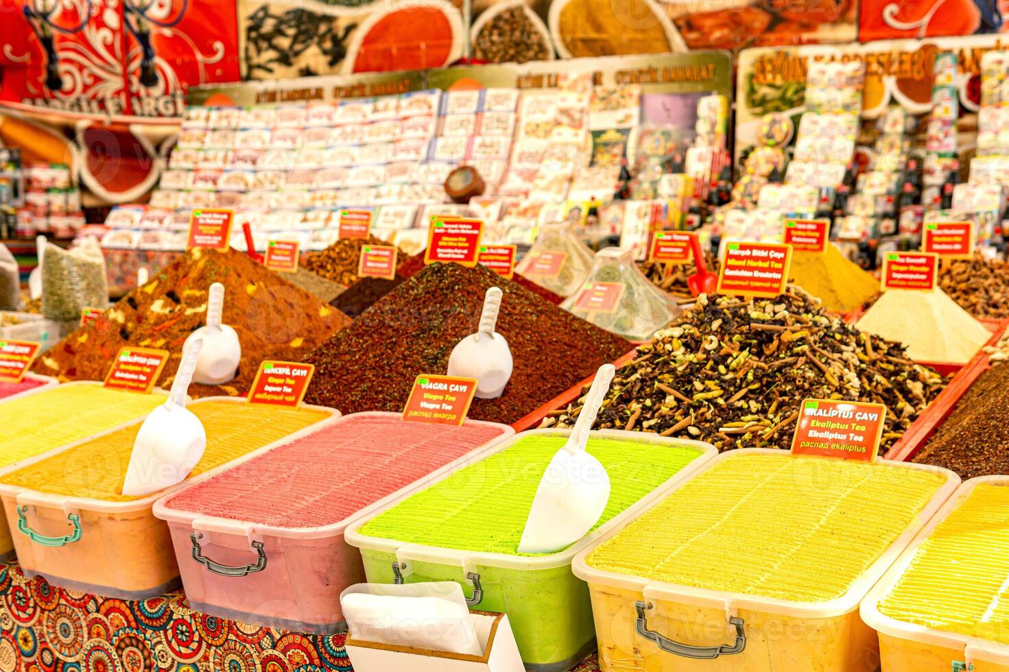 colorful spices and fruit teas at a local bazaar in Kemer, Turkey photo