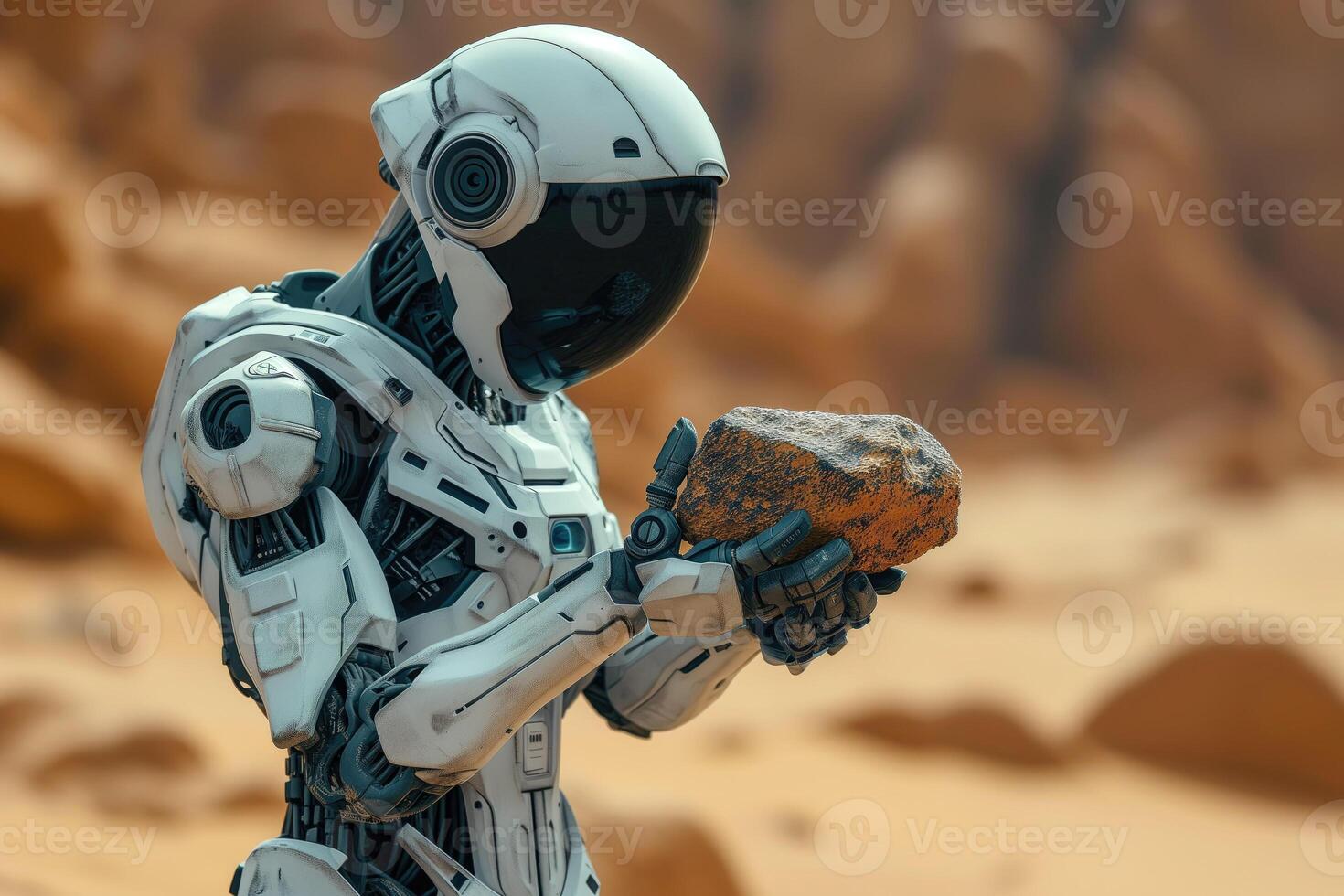 AI generated humanoid robot exploring a mineral sample on the planet Mars photo
