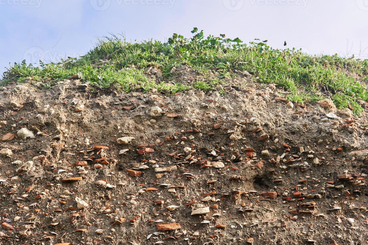 occupation earth - layers of ground with fragments of ancient pottery and shells under the sod layer photo