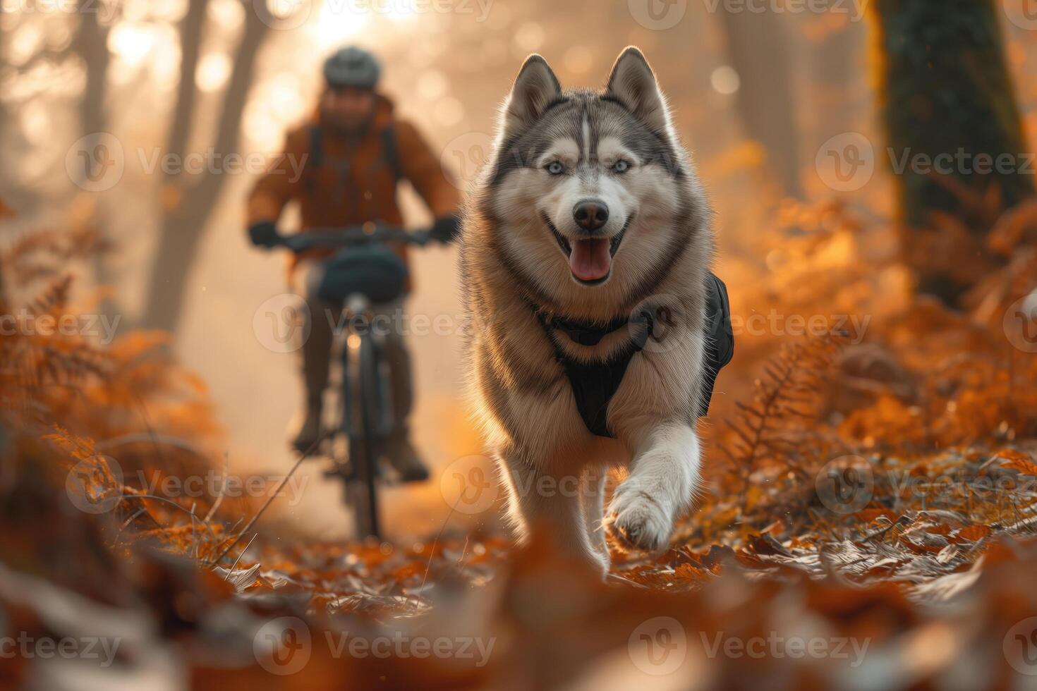 AI generated husky dog runs with a cyclist on a walk photo