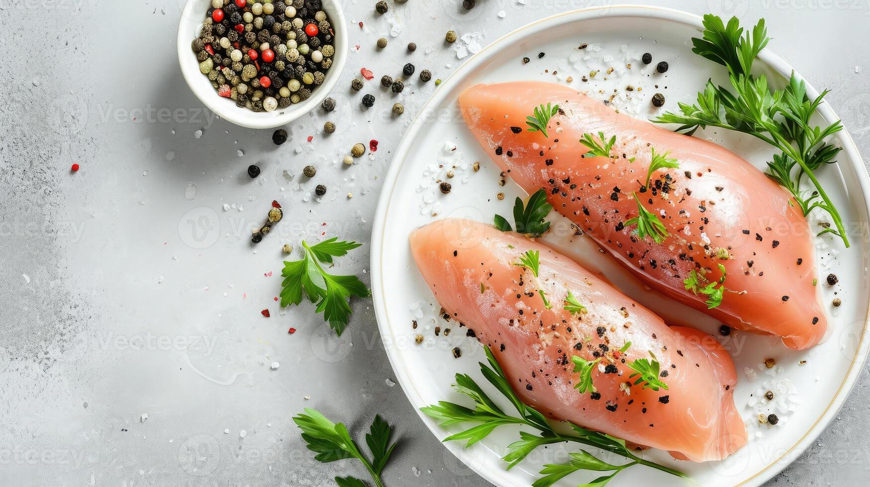 AI generated Raw chicken breast or fillet with salt, pepper and fresh herbs on a white plate on a gray background. Healthy food. Top view, copy space photo