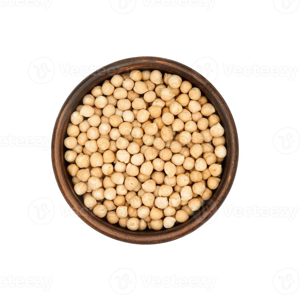chickpea in clay bowl isolated on white background, top view photo