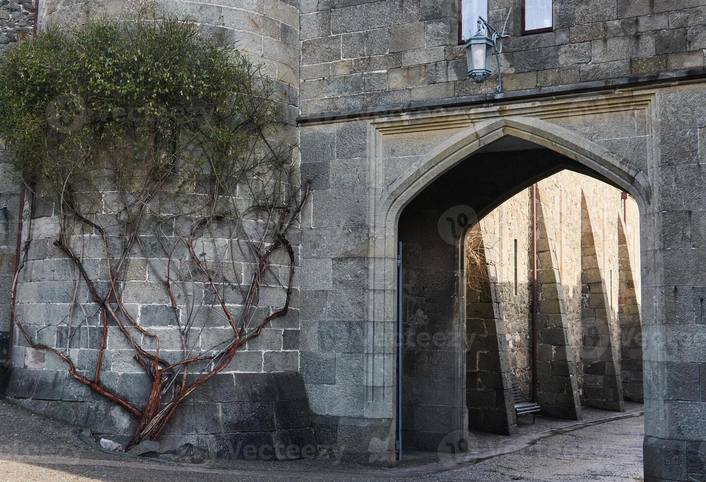 fragmento de un pared con arco de un antiguo palacio construido en el formar de un medieval castillo foto