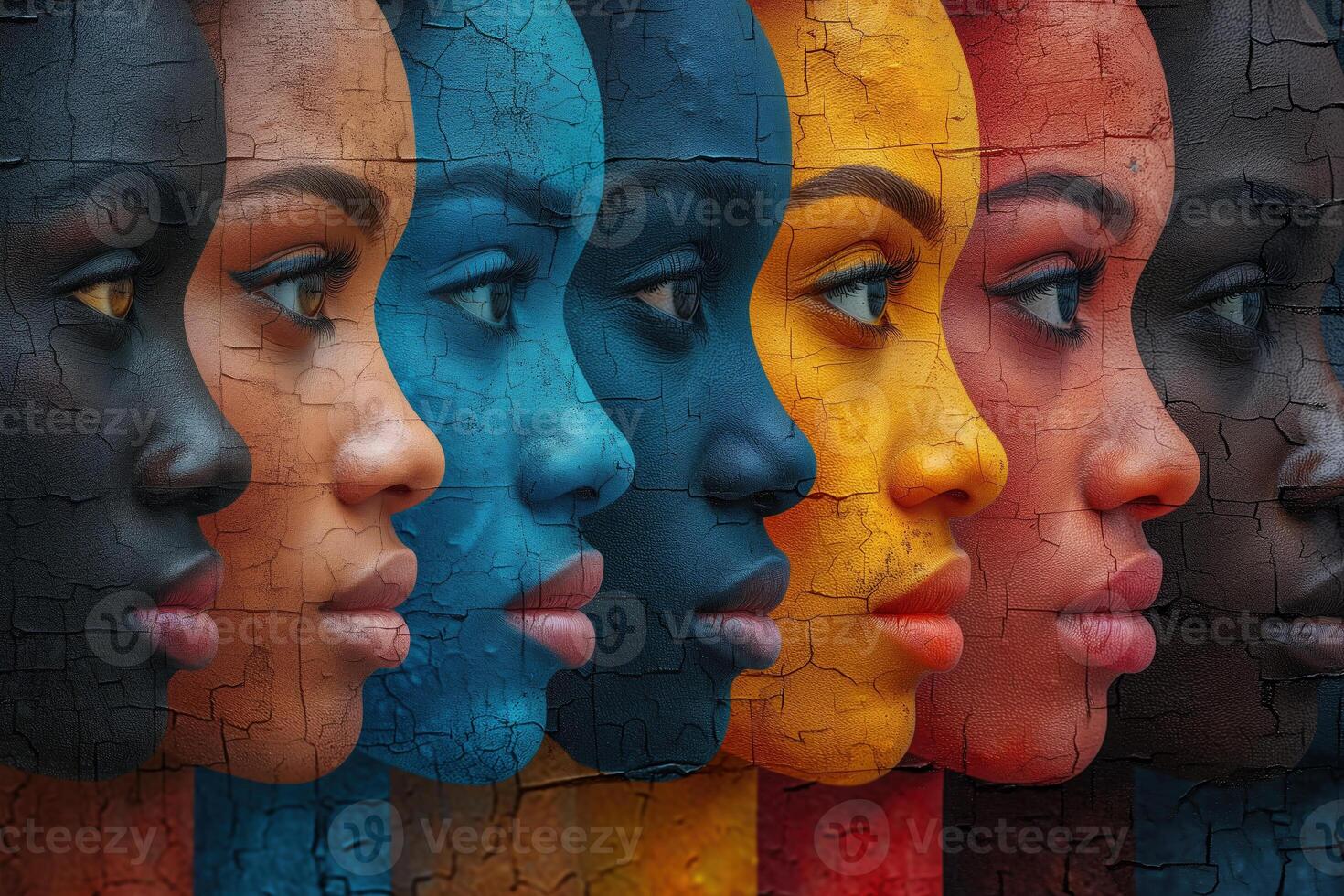 AI generated background, mural with colorful faces symbolizing unity and diversity photo