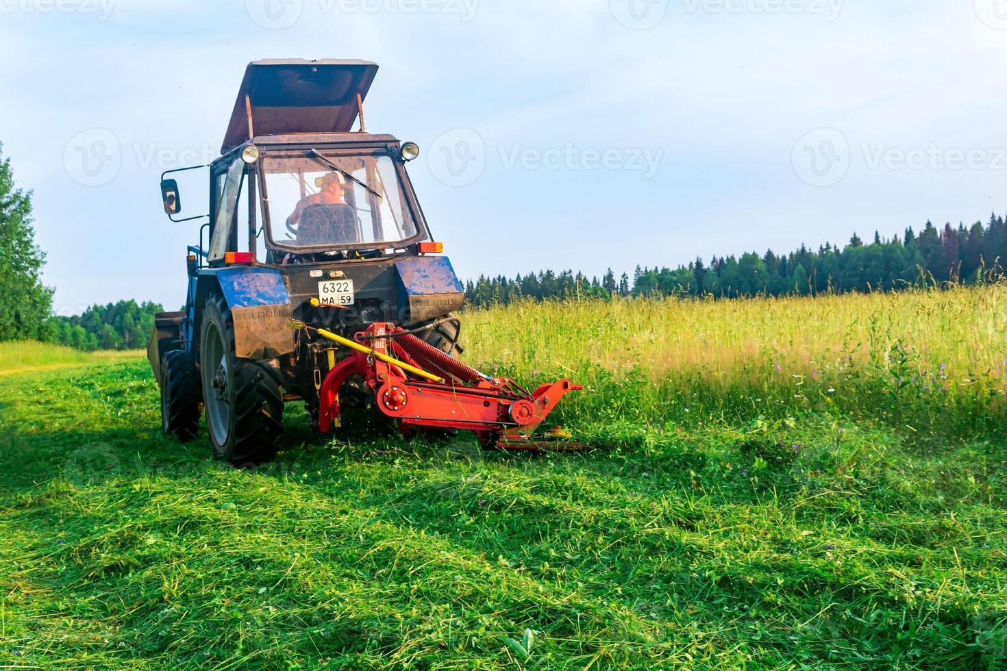 tractor with a mounted mower mows meadow forbs photo