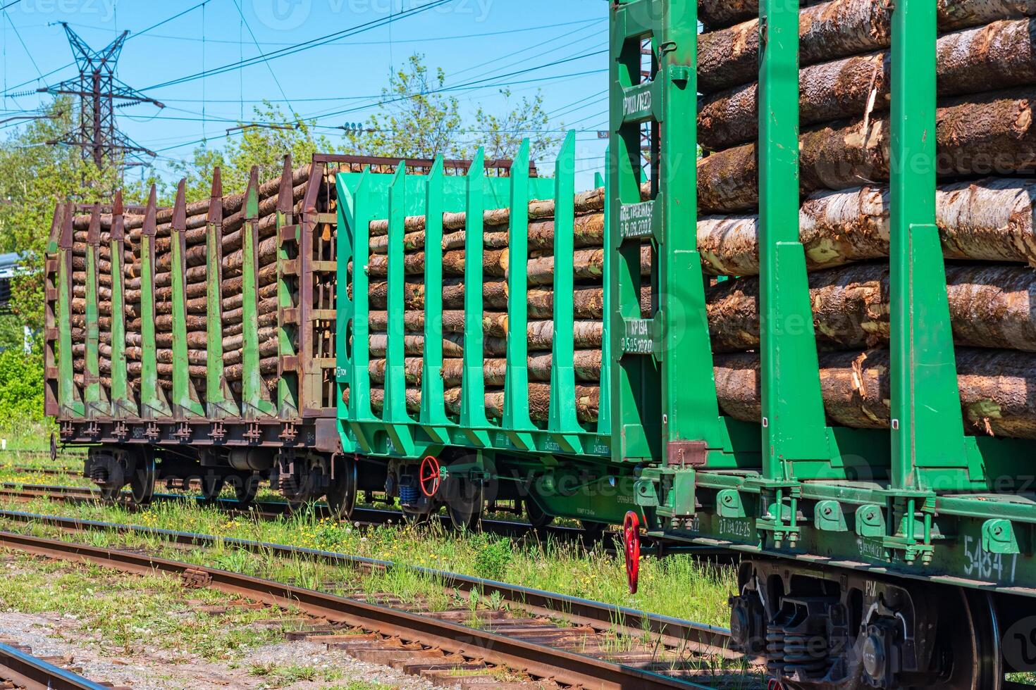 loaded railway wagons for carrying of logs close-up photo