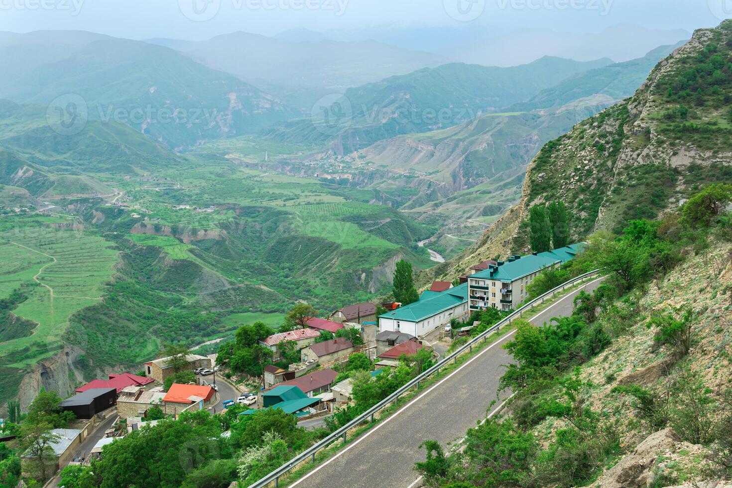 village next to the highway on a mountain pass, Gunib village in Dagestan photo