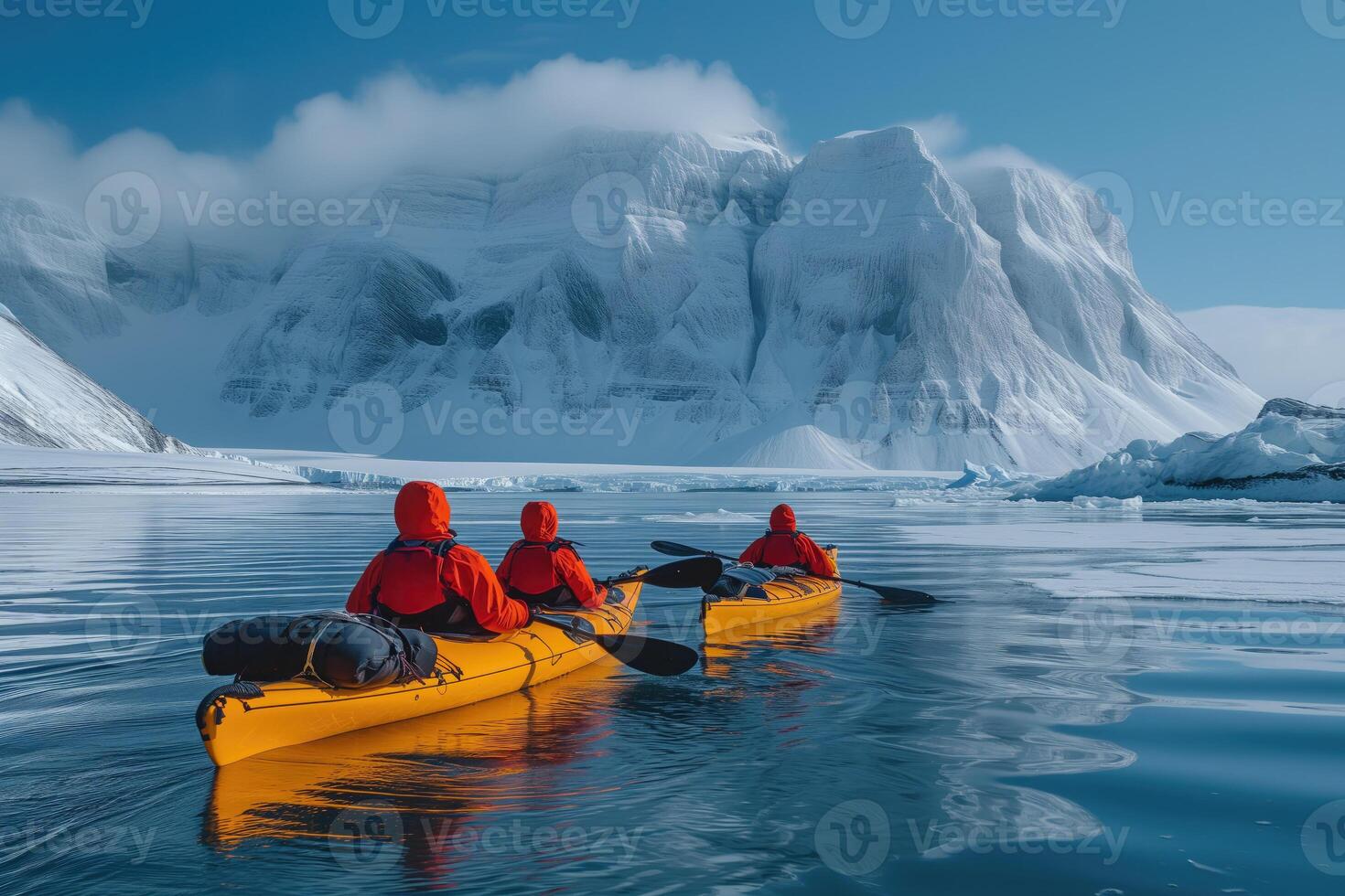 ai generado kayak en un mar kayaks en ártico región en contra el fondo de llamativo costa foto