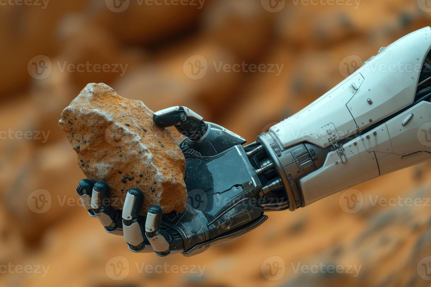 AI generated hand of a humanoid robot holds a mineral sample on a blurred deserted landscape photo