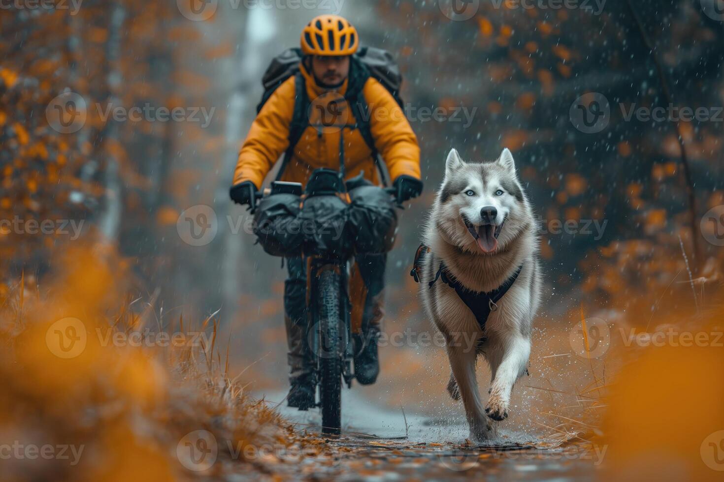 AI generated husky dog runs with a cyclist on a touring photo