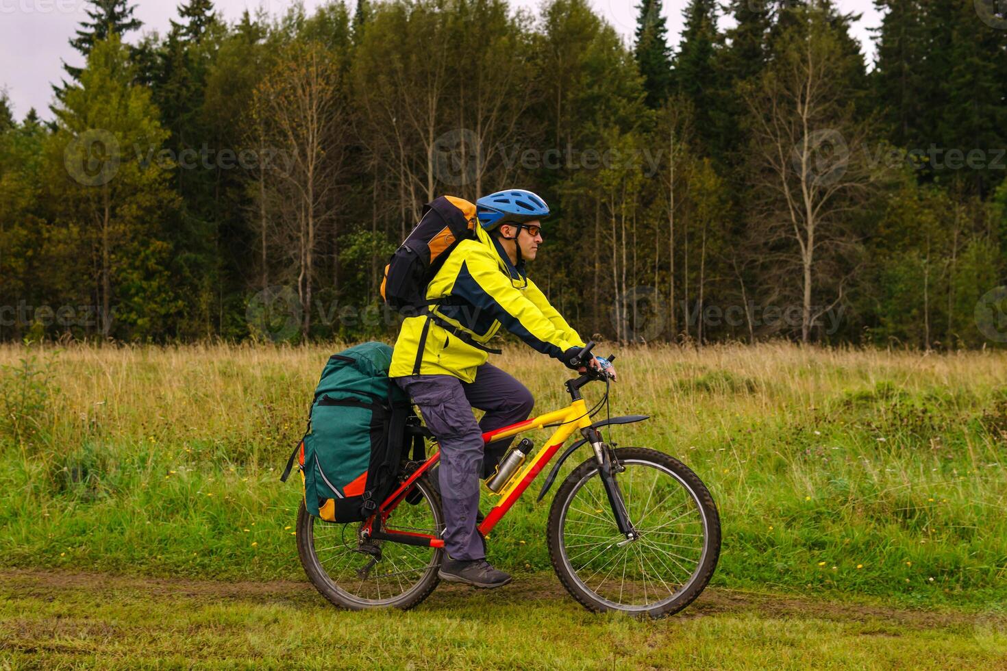 cyclist rides along the edge of the forest on a cloudy day photo