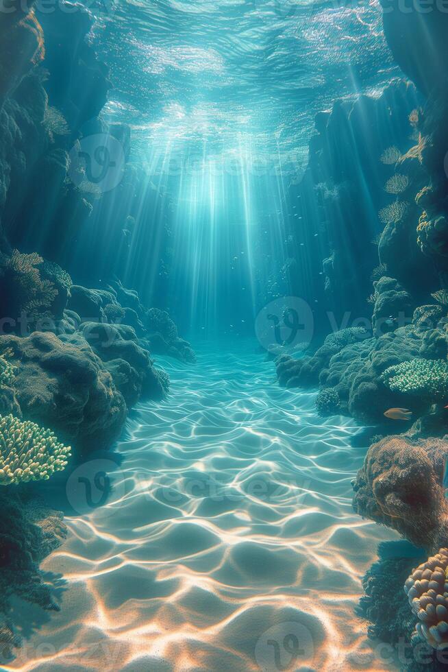 ai generado submarino ver de coral arrecife con rayos de sol y rayos de ligero foto