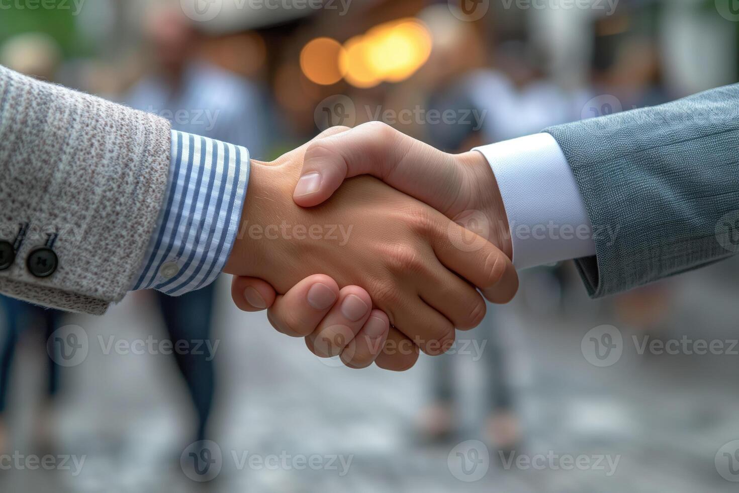 AI generated business people shaking hands, closeup, handshake at meeting or negotiation photo