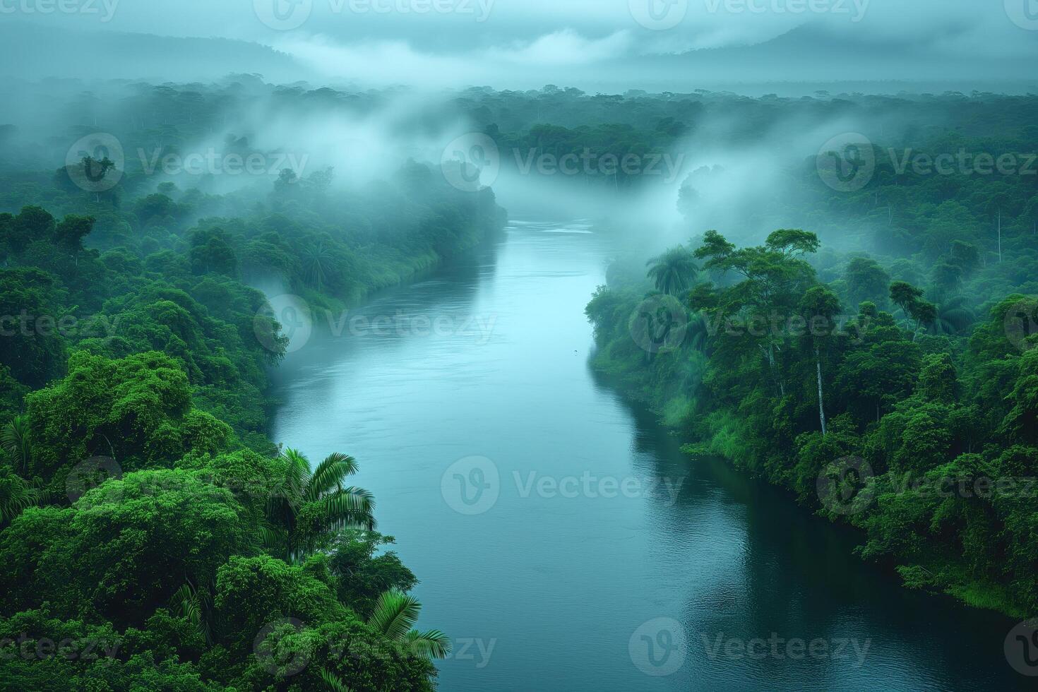 AI generated aerial view of a foggy tropical rainforest during river flood photo