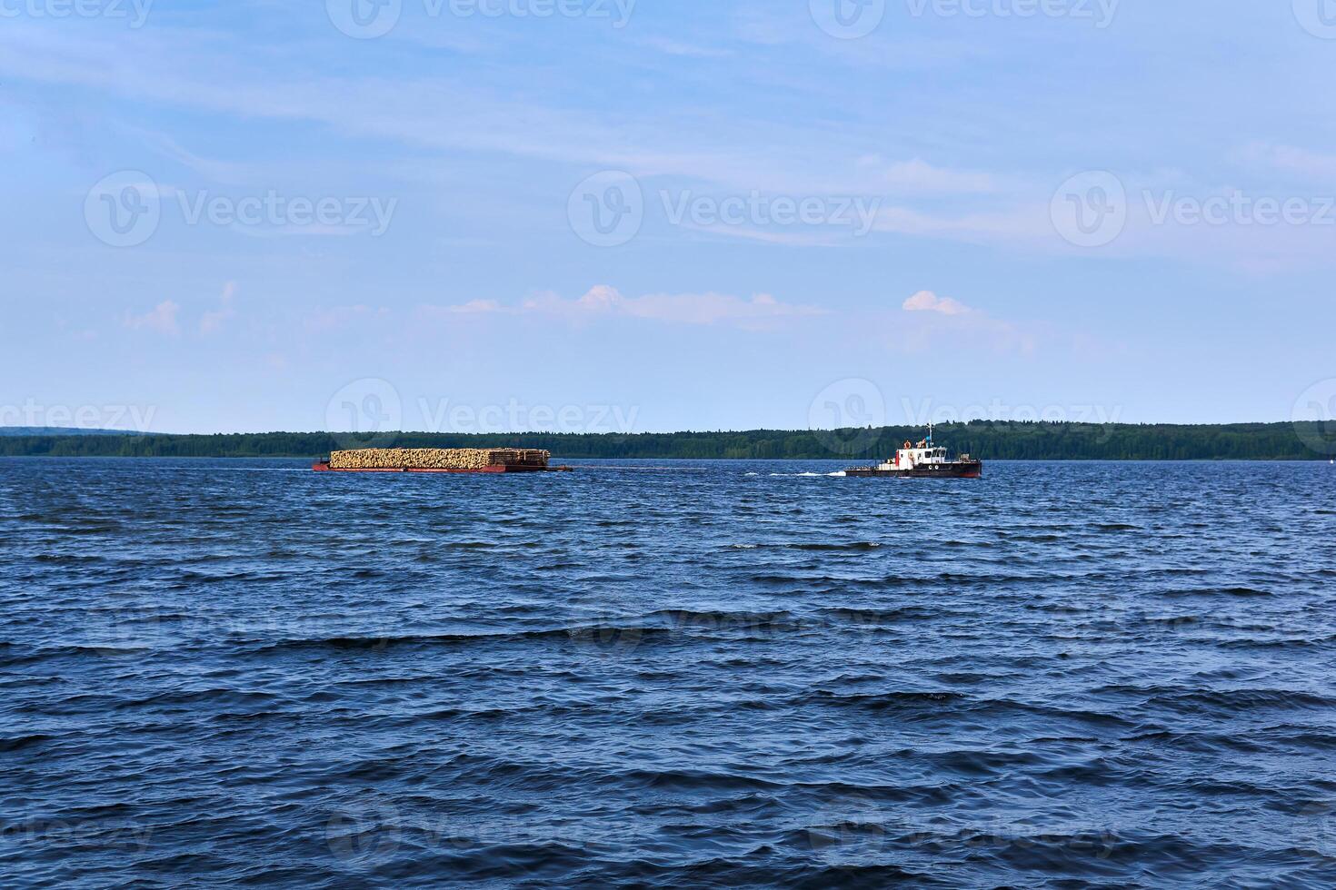 transportation of timber along the river by barge and tug photo