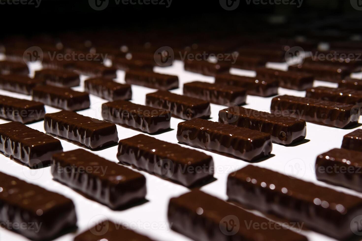 chocolate candies on the conveyor of a confectionery factory close-up photo