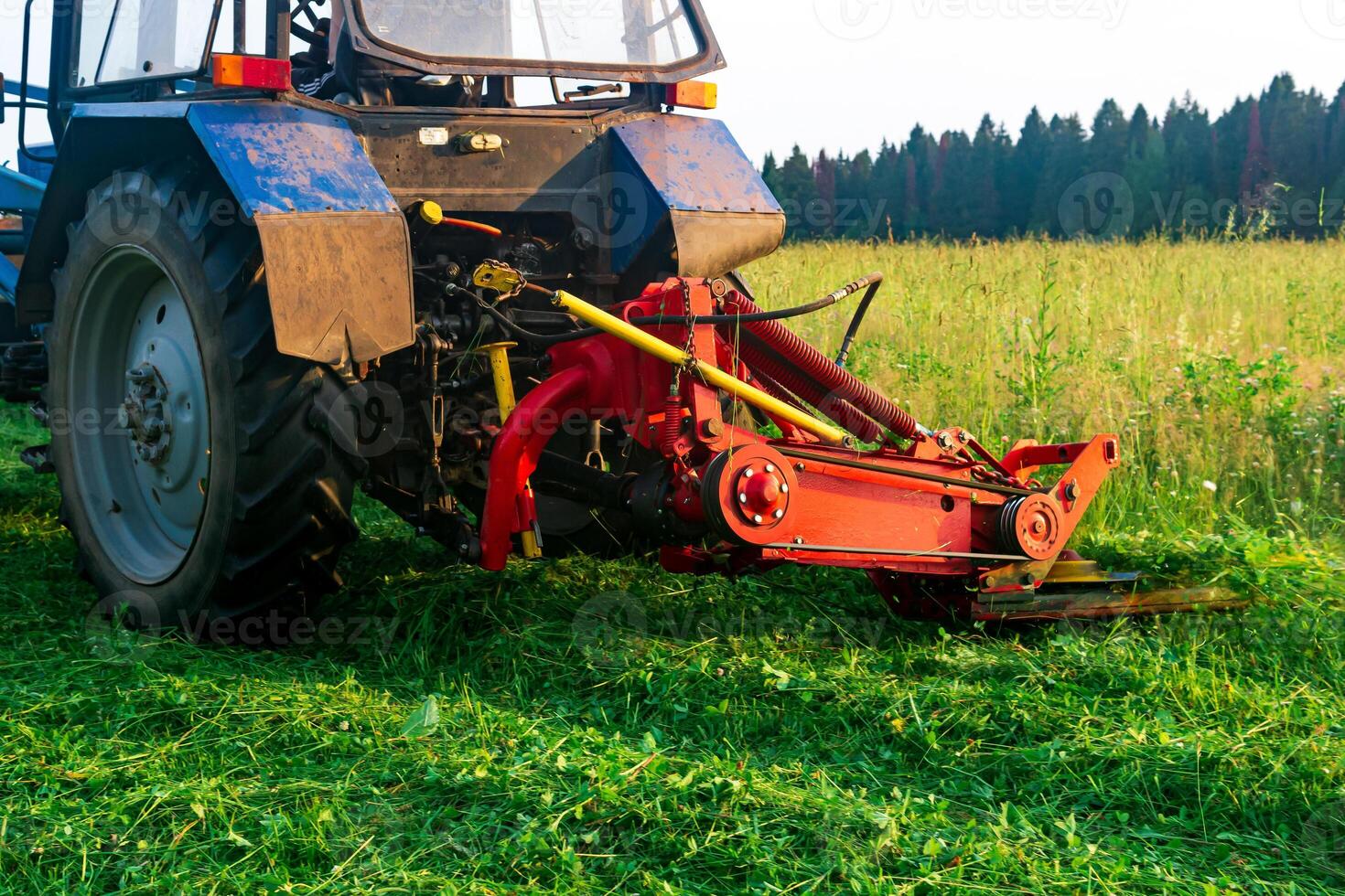 tractor with a mounted mower mows meadow forbs photo