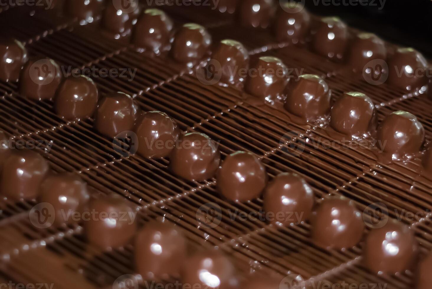 chocolate candies on the conveyor of a confectionery factory close-up photo