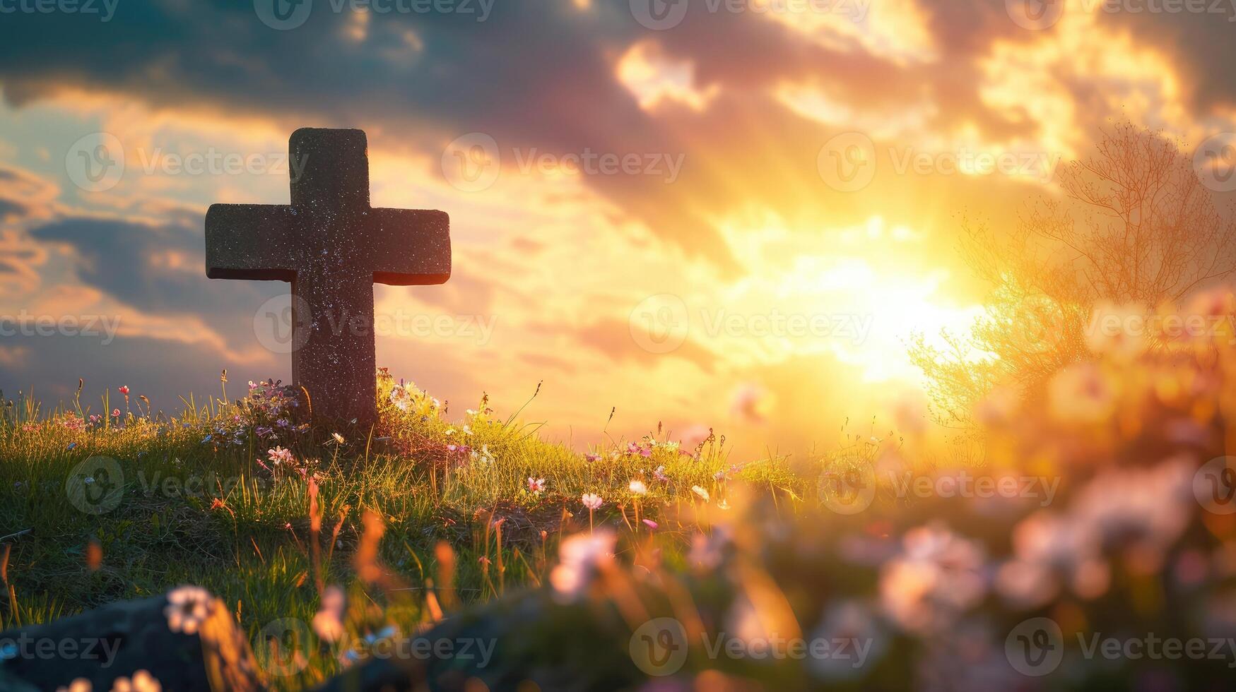 AI generated Good Friday concept  Empty tomb stone with cross on meadow sunrise background photo