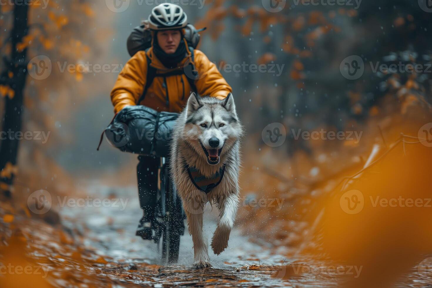 AI generated husky dog runs with a cyclist on a touring photo