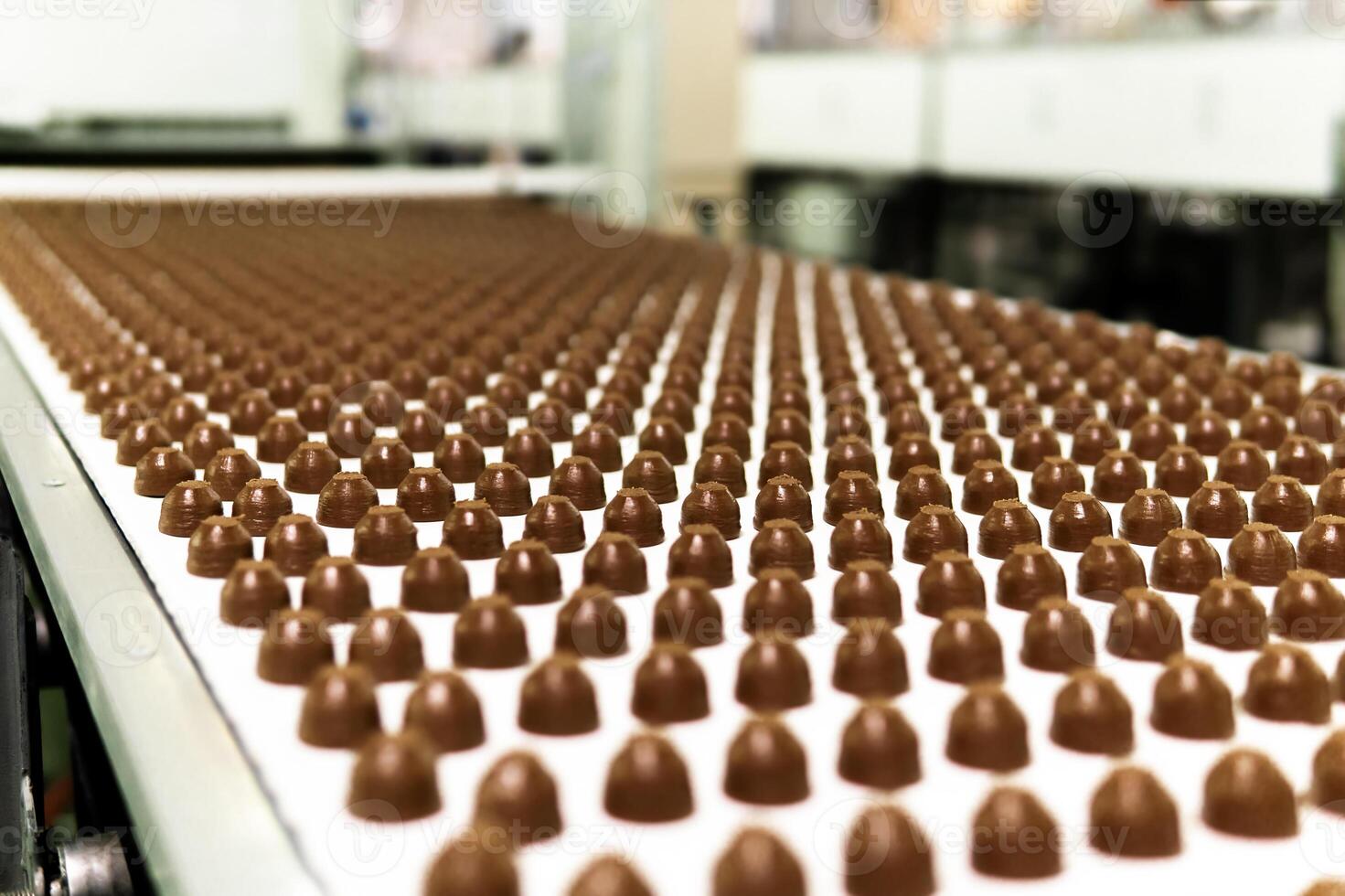 chocolate toppings on the conveyor of a confectionery factory close-up photo