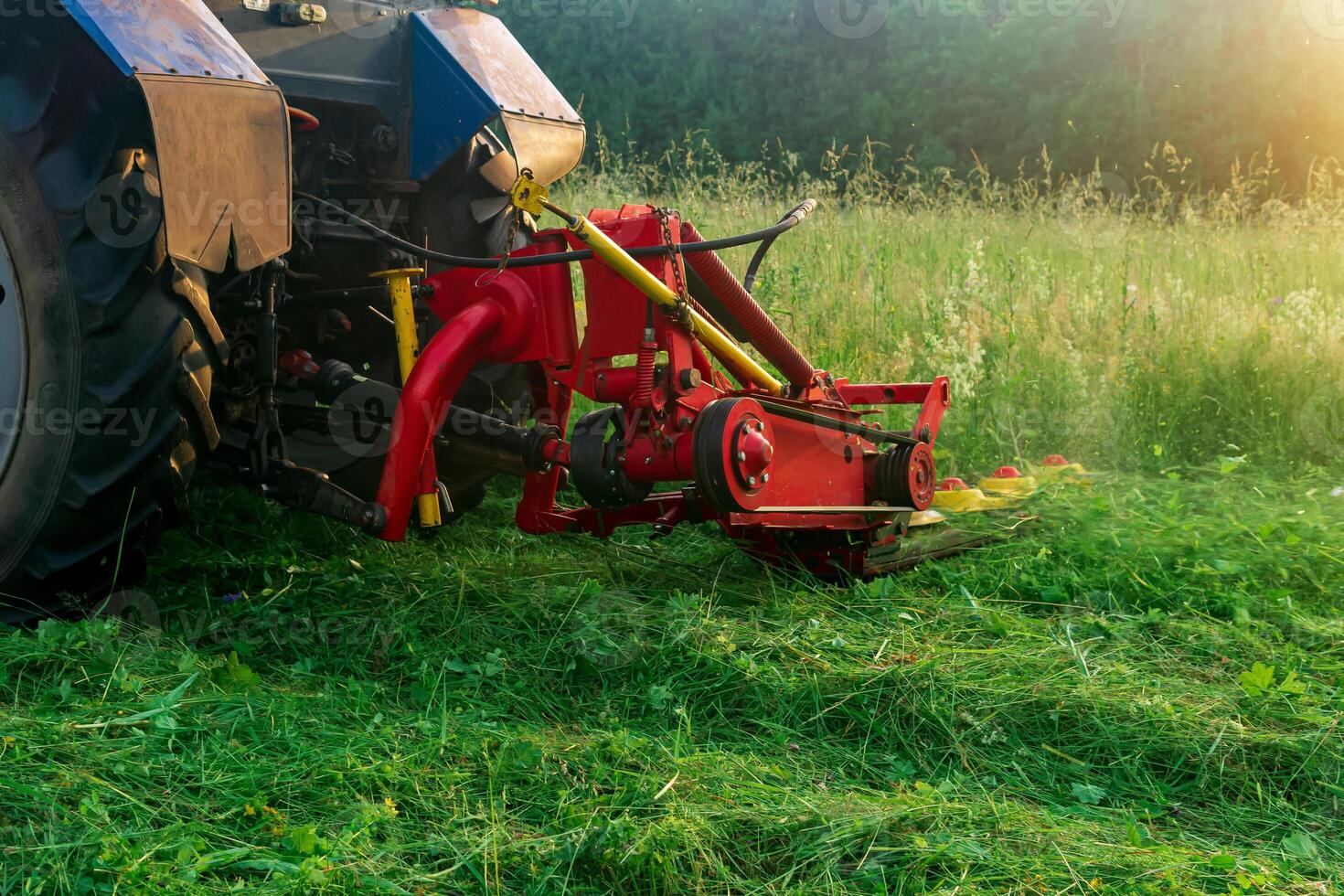 tractor con un montado cortacésped corta prado herbáceas foto