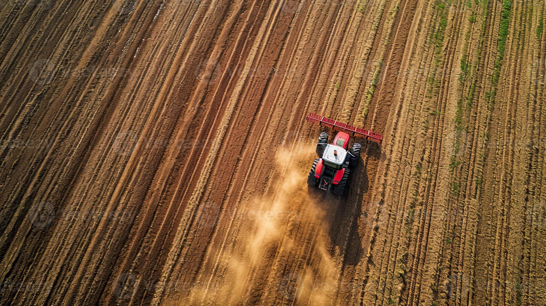 AI generated Taking care of the Crop. Aerial view of a Tractor fertilizing a cultivated agricultural field. photo