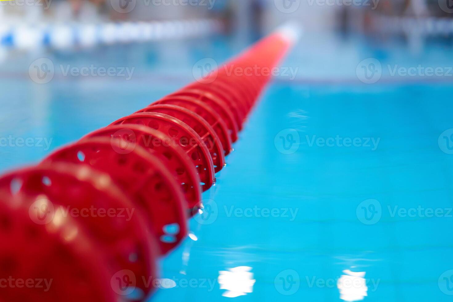 fragment of the competition pool with blue water and marked swimming lanes photo