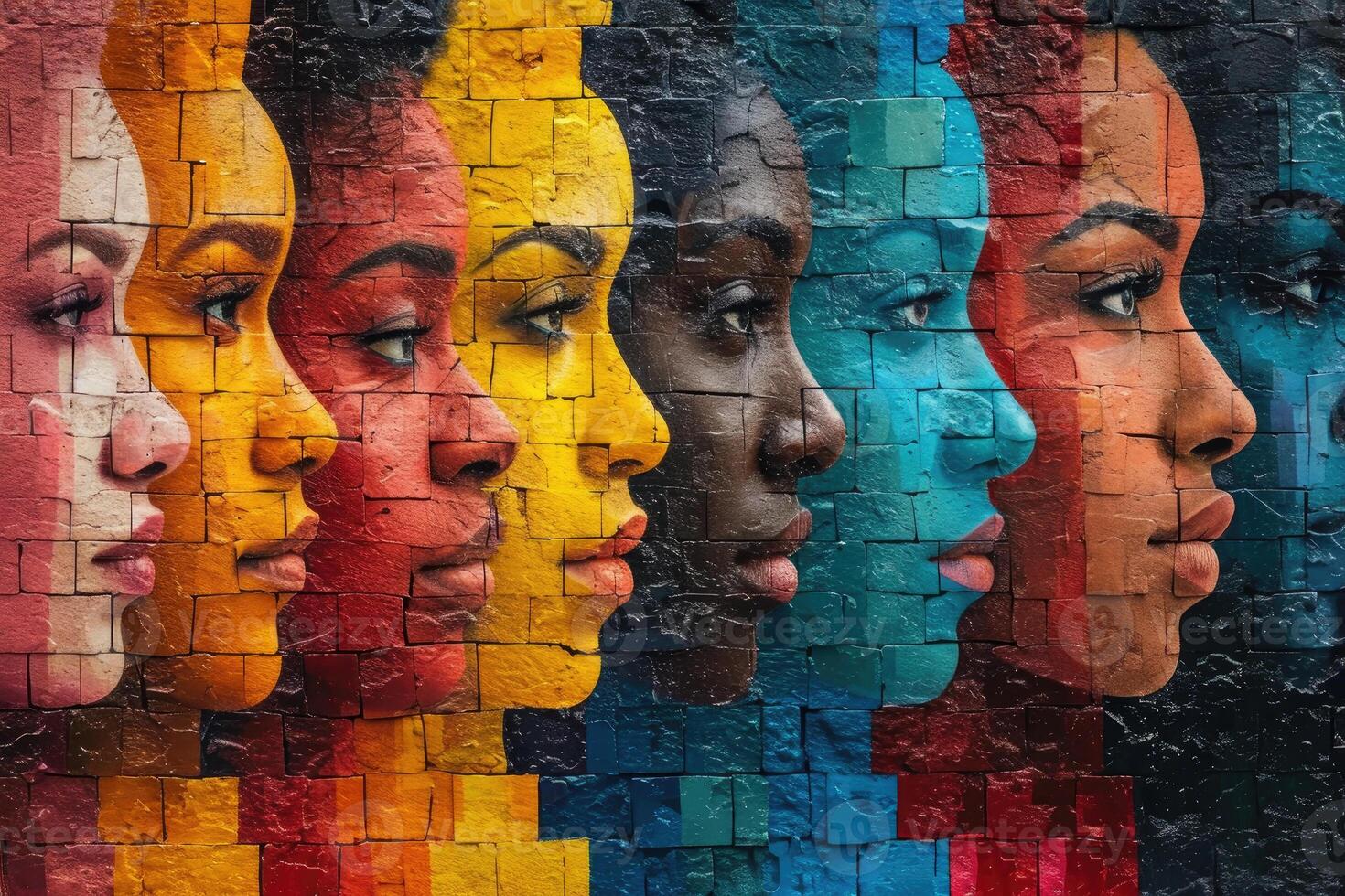 AI generated background, mural with colorful faces symbolizing unity and diversity photo