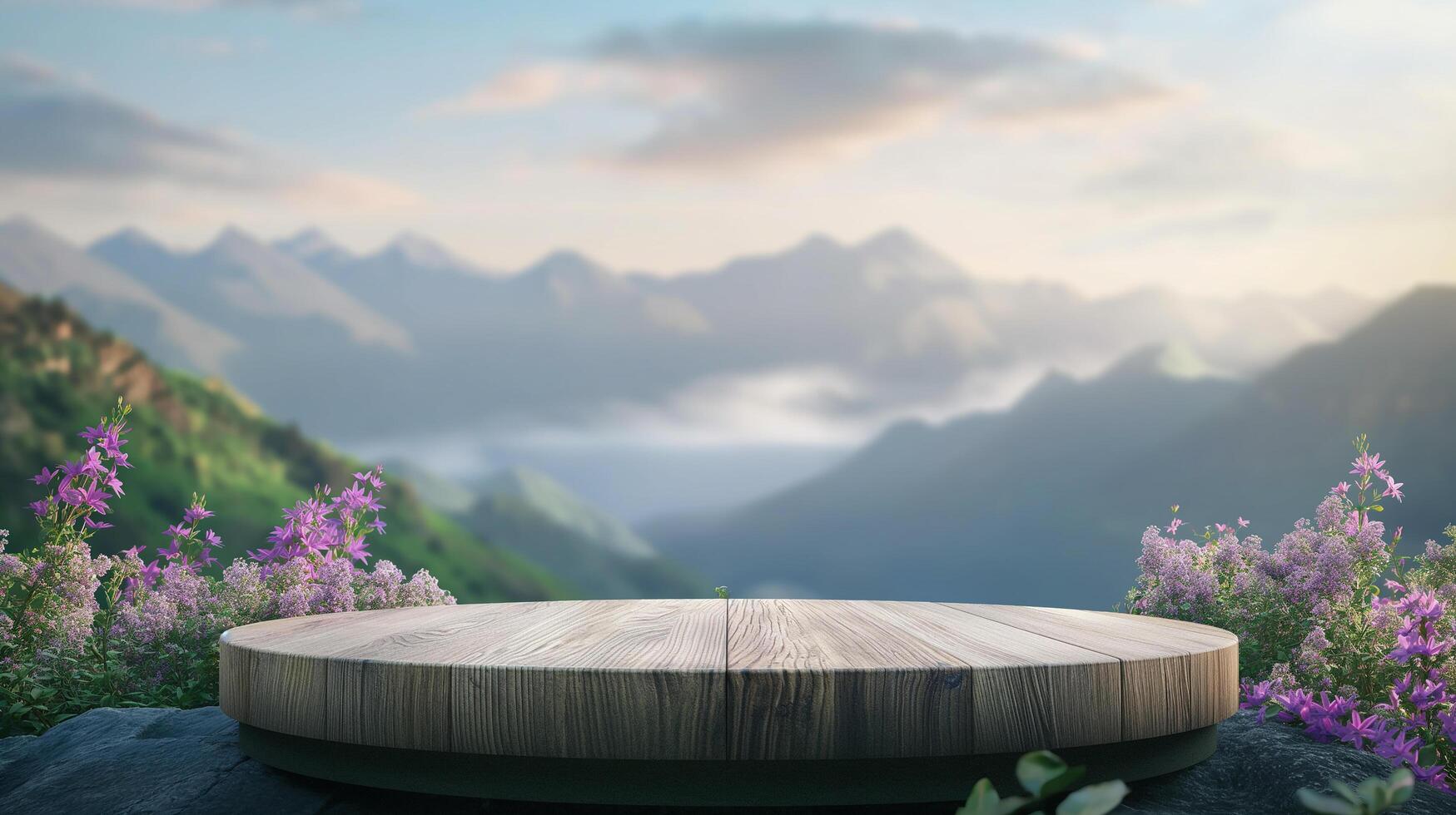 AI generated podium mockup round wooden pedestal with blur nature background. Background for natural cosmetics and branding photo