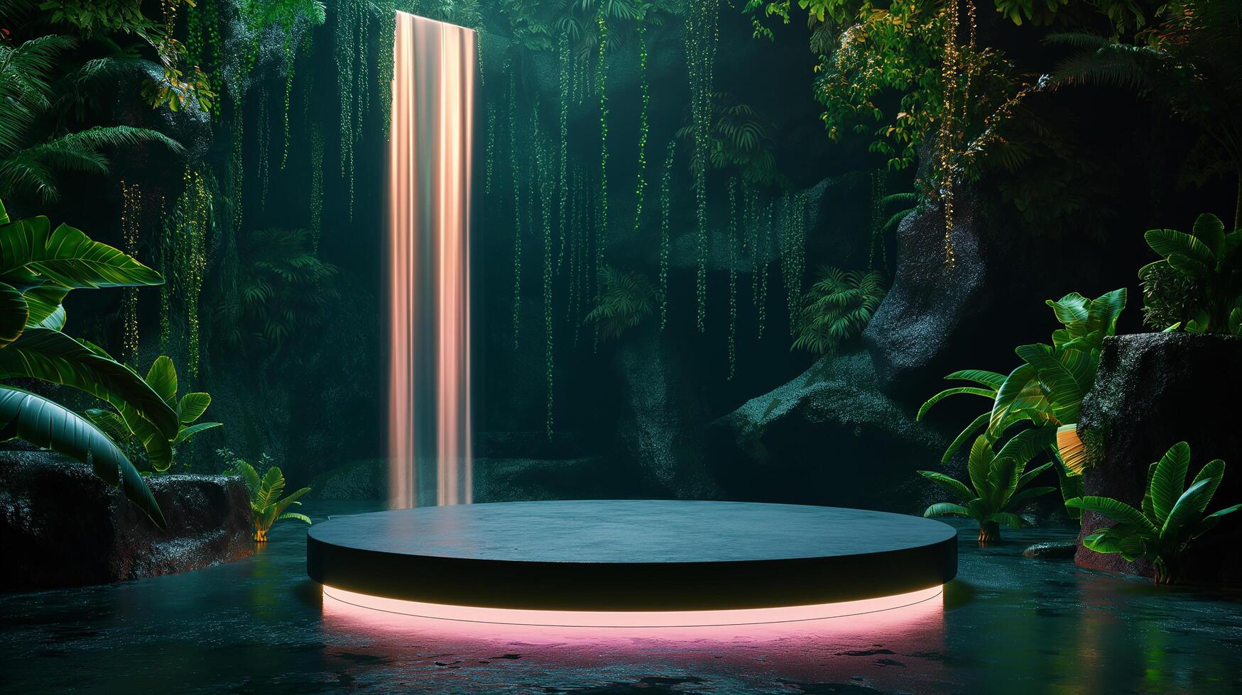 AI generated empty space product mockup podium with a jungle themed and nature background. Background for natural cosmetics and branding photo