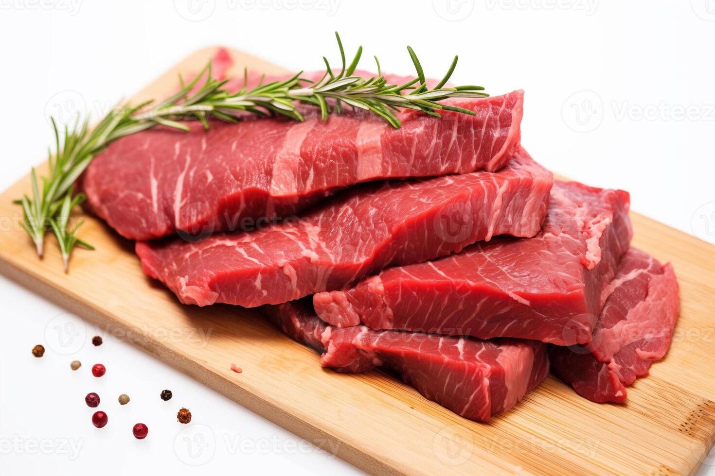 AI generated raw meat on a cutting board Isolated on white background photo