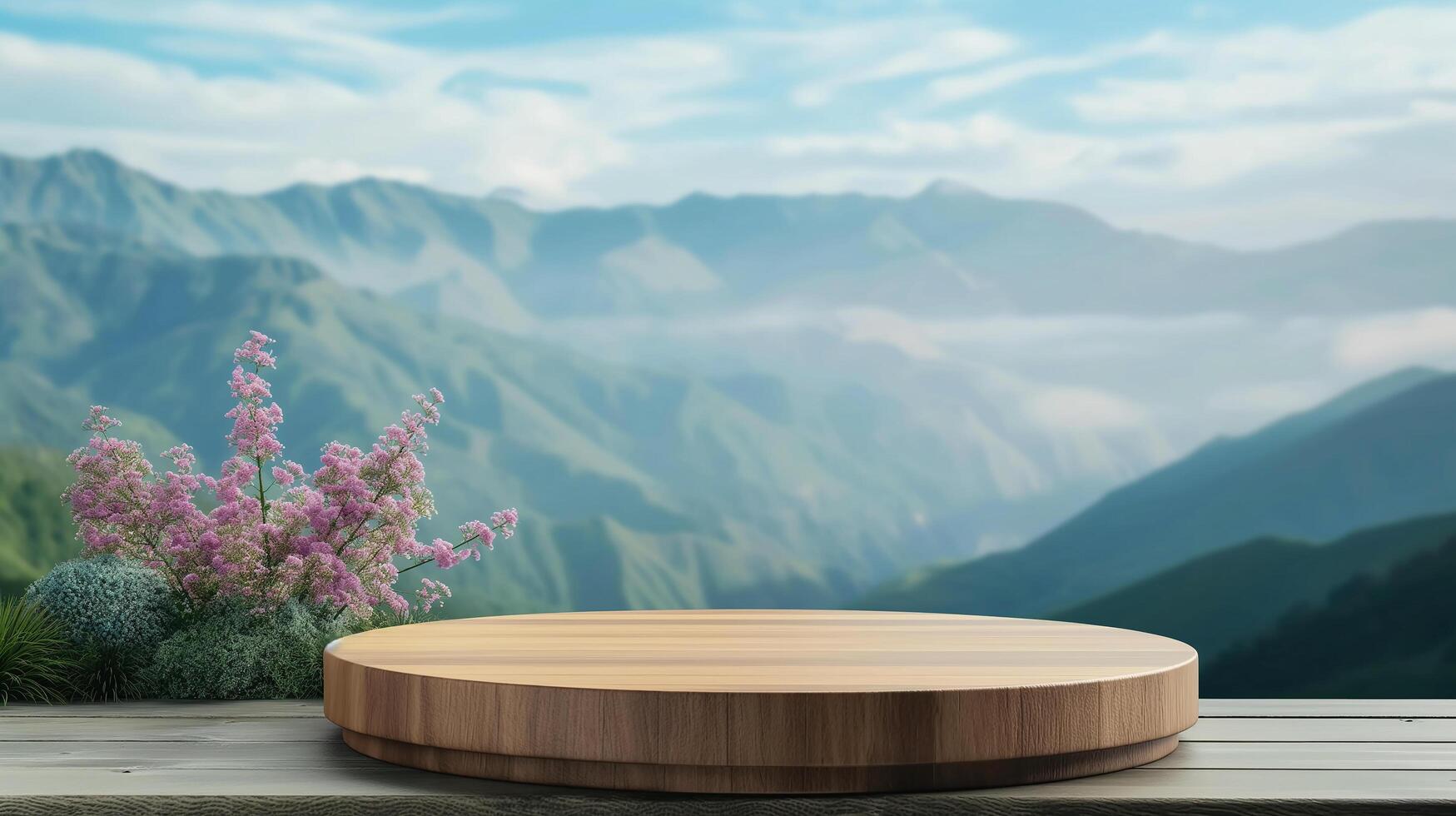AI generated podium mockup round wooden pedestal with blur nature background. Background for natural cosmetics and branding photo